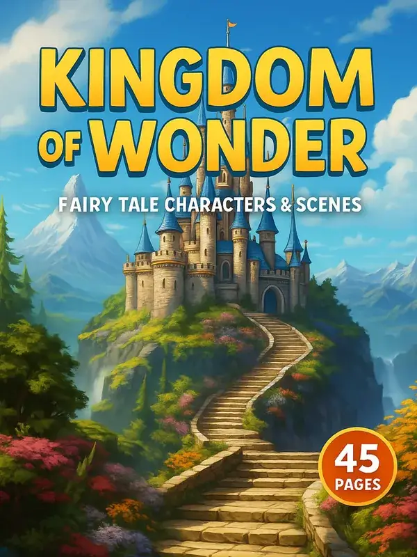 Kingdom of Wonder – 45 Fairy Tale Characters & Scenes printable coloring book cover