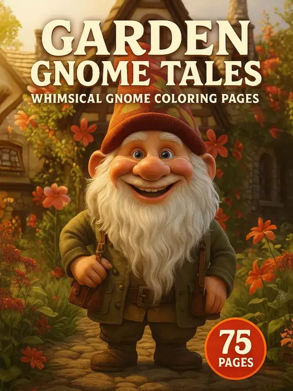 Garden Gnome Tales – 75 Whimsical Gnome Coloring Pages printable coloring book cover