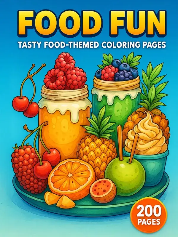 Food Fun – 200 Delicious Food-Themed Coloring Pages printable coloring book cover