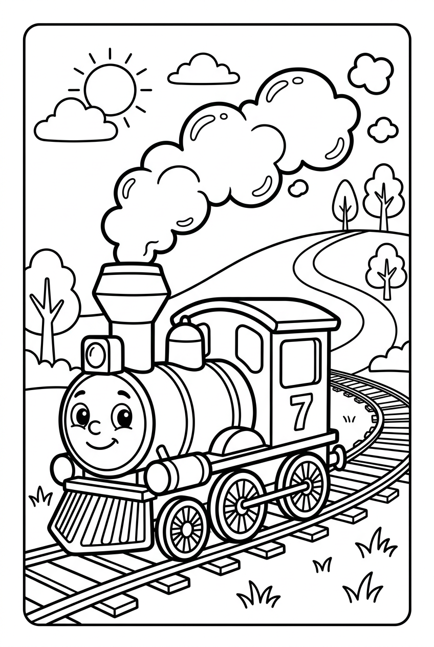 Sample AI-generated train coloring page made with a Creator Pack prompt